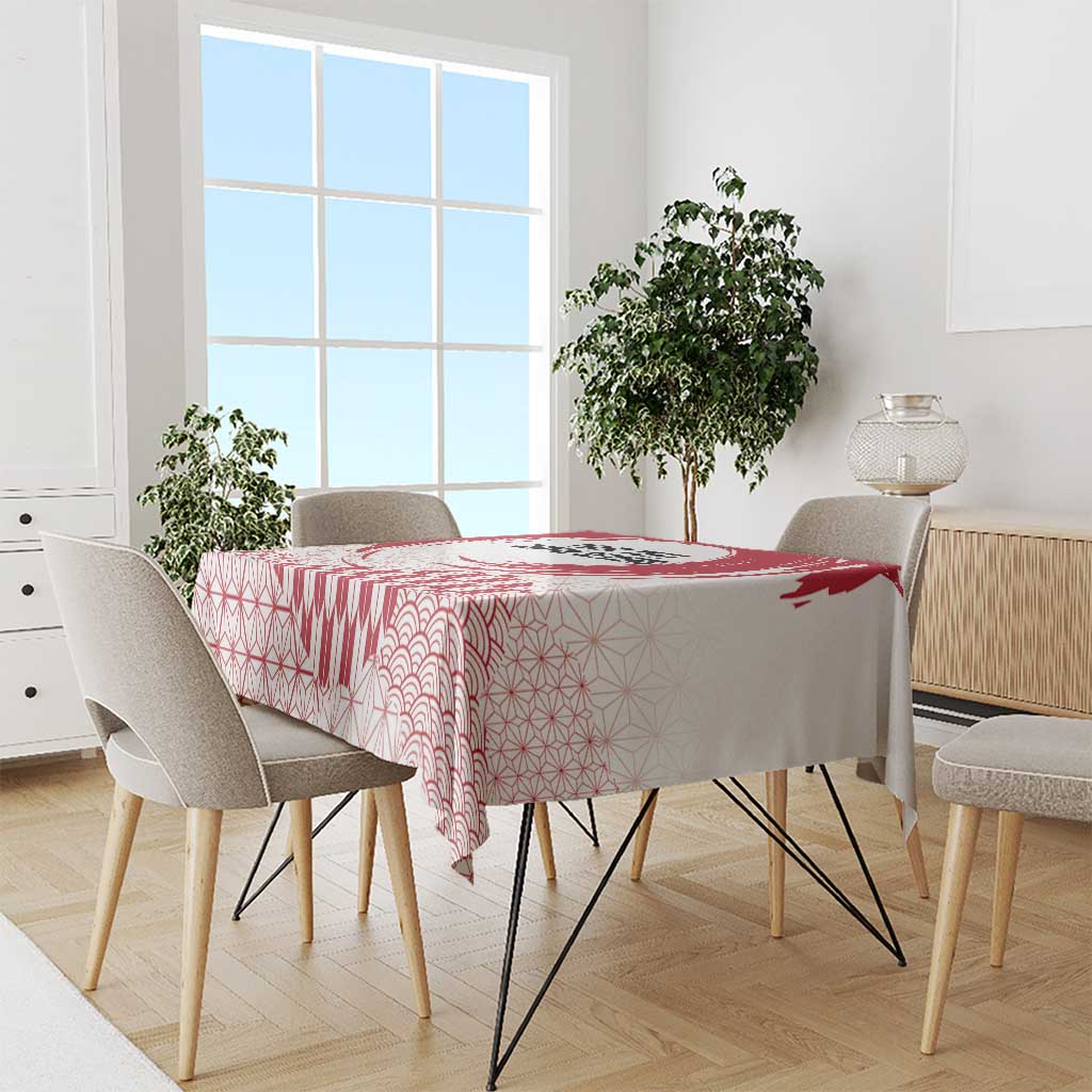 Red and white Japanese motif tablecloth with wave and geometric pattern on dining table