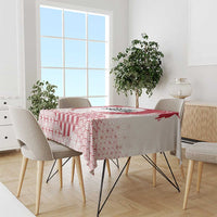 Red and white Japanese motif tablecloth with wave and geometric pattern on dining table