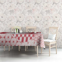 Red and white Japanese-style tablecloth with rising sun, hemp leaf, and wave patterns