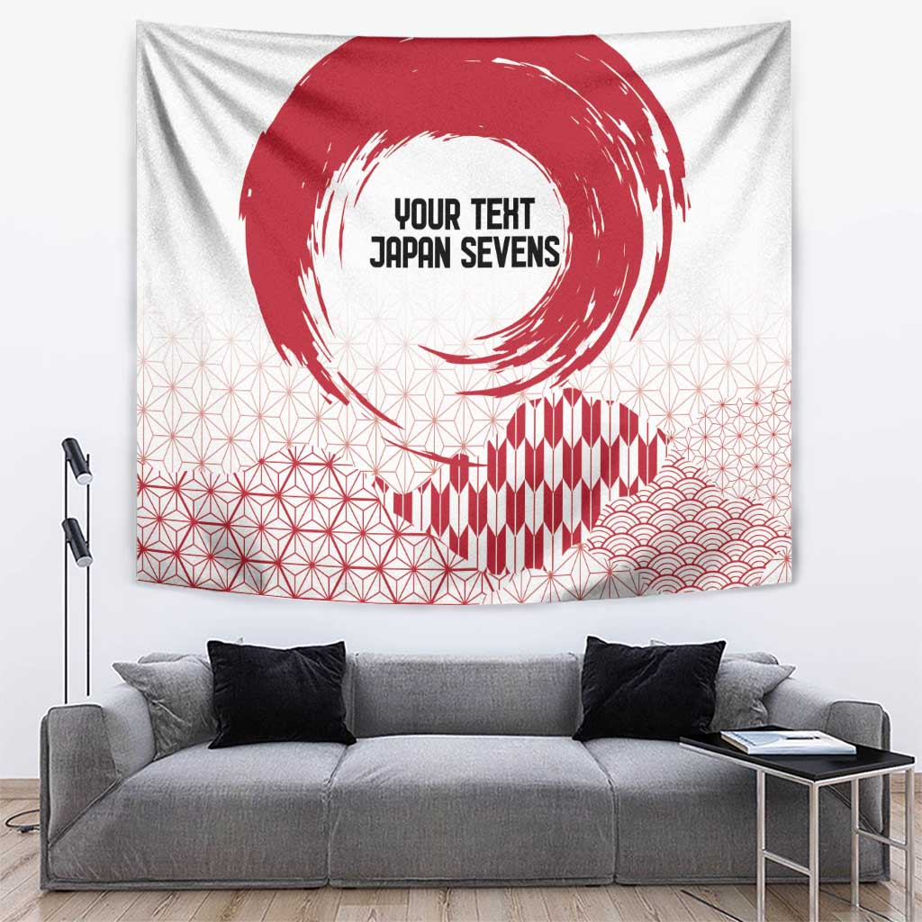 White tapestry with red rising sun brush circle, striped facade, and repeating geometric grid