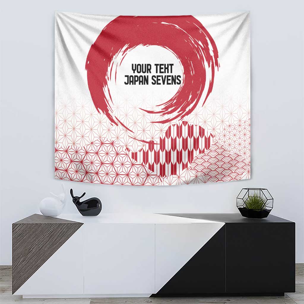White wall tapestry with red rising sun brush circle and wave-and-geometry border