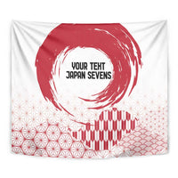 White close-up tapestry with red rising sun brush circle and center 'YOUR TEXT JAPAN SEVENS'