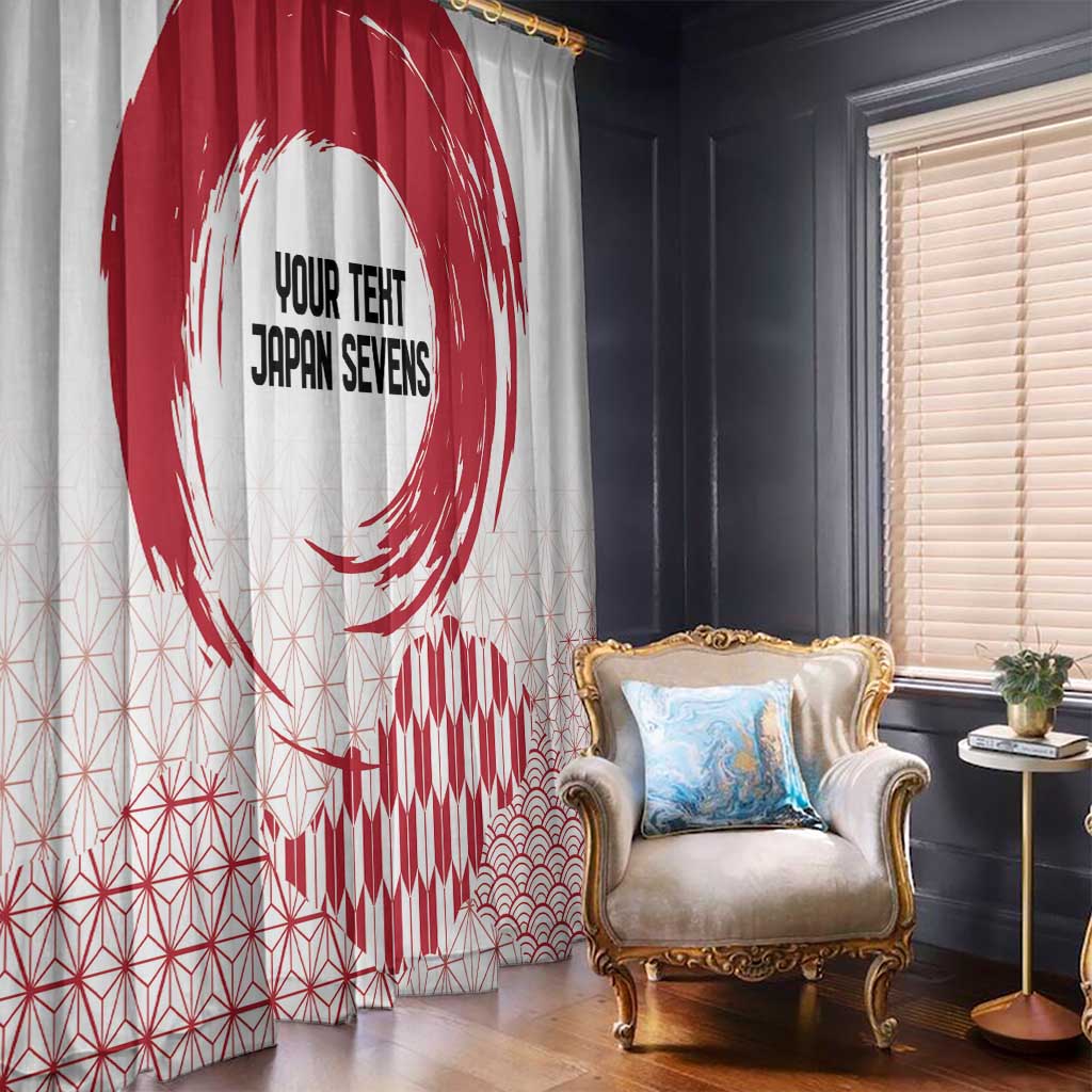 Window curtain panel with red rising sun ring, red geometric waves, and hemp leaf pattern