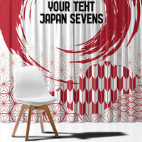 Window curtain close-up: red rising sun circle, hemp leaf swirls, custom black text