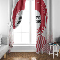 Window curtain panels in white with red rising sun and hemp leaf pattern, custom text