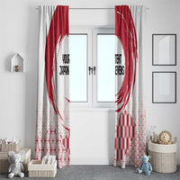 Window curtain pair in white and red with rising sun ring, hemp leaf pattern, custom text