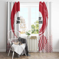 Window curtain pair in white with red rising sun and hemp leaf pattern, custom black text