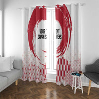 Window curtain pair with red rising sun circle, hemp leaf design, and custom black text