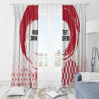 Window curtain pair in white with red rising sun ring and hemp leaf pattern, custom text
