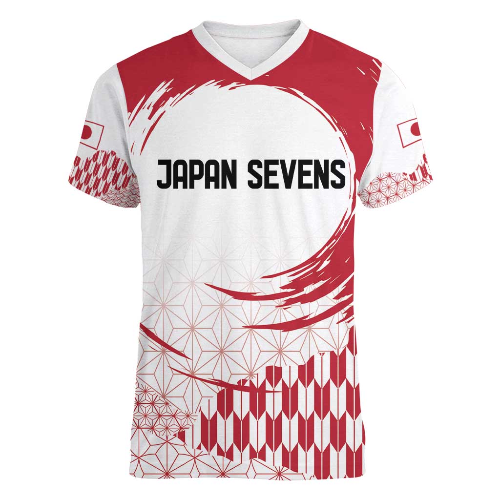 Custom Japan Sevens Women V-Neck T-Shirt Japanese Rising Sun with Hemp Leaf Pattern - Wonder Print Shop