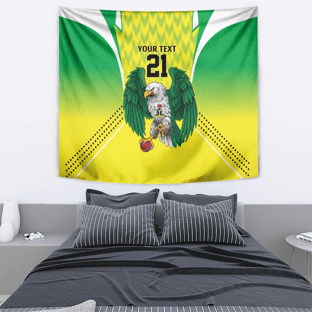 Rectangular hanging tapestry featuring a green eagle emblem and "YOUR TEXT 21" text