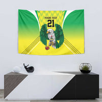 Wall tapestry with green wings, yellow background, and "YOUR TEXT 21" headline