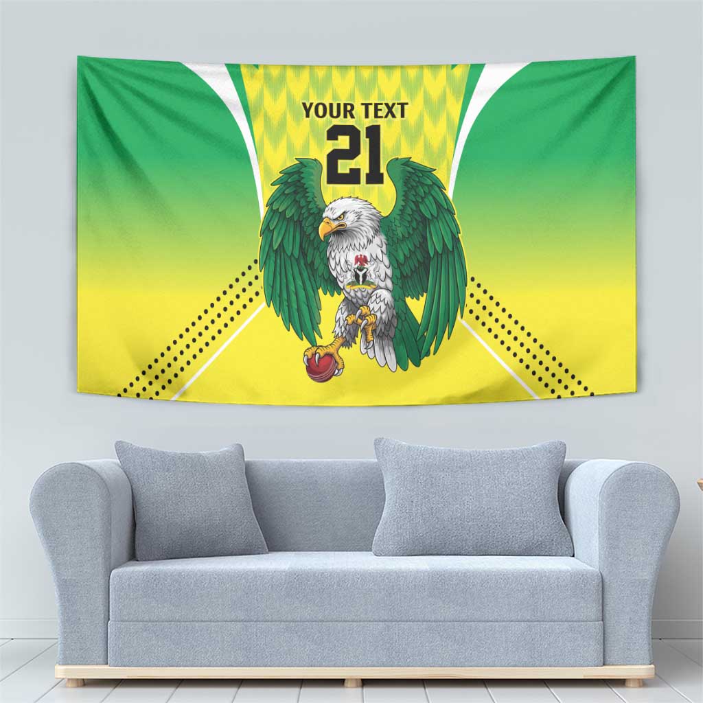 Green eagle tapestry with rays pattern and "YOUR TEXT 21" printed at the top center