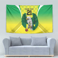 Green eagle tapestry with rays pattern and "YOUR TEXT 21" printed at the top center