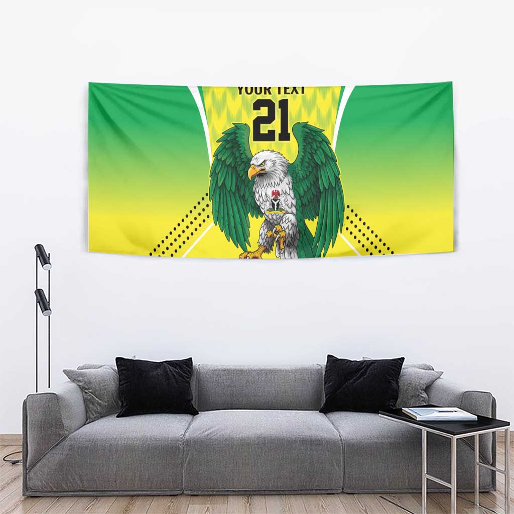 Hanging rectangular tapestry with green eagle artwork and "YOUR TEXT 21" lettering