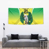 Hanging rectangular tapestry with green eagle artwork and "YOUR TEXT 21" lettering