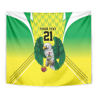 Close view of green eagle tapestry with "YOUR TEXT 21" in yellow center panel