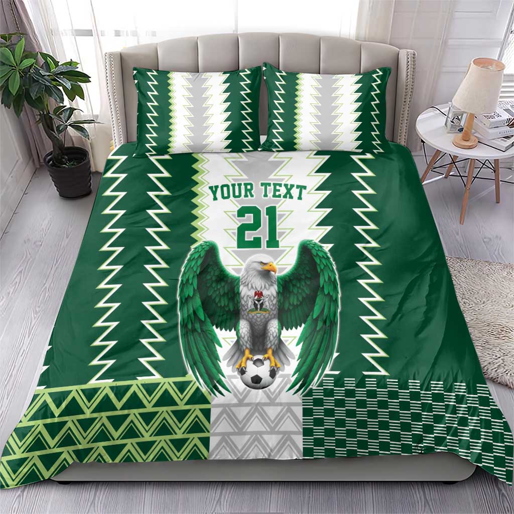 Green jersey-style bedding set featuring eagle emblem, zigzags, and “YOUR TEXT 21” print