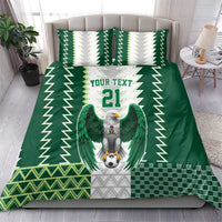 Green jersey-style bedding set featuring eagle emblem, zigzags, and “YOUR TEXT 21” print