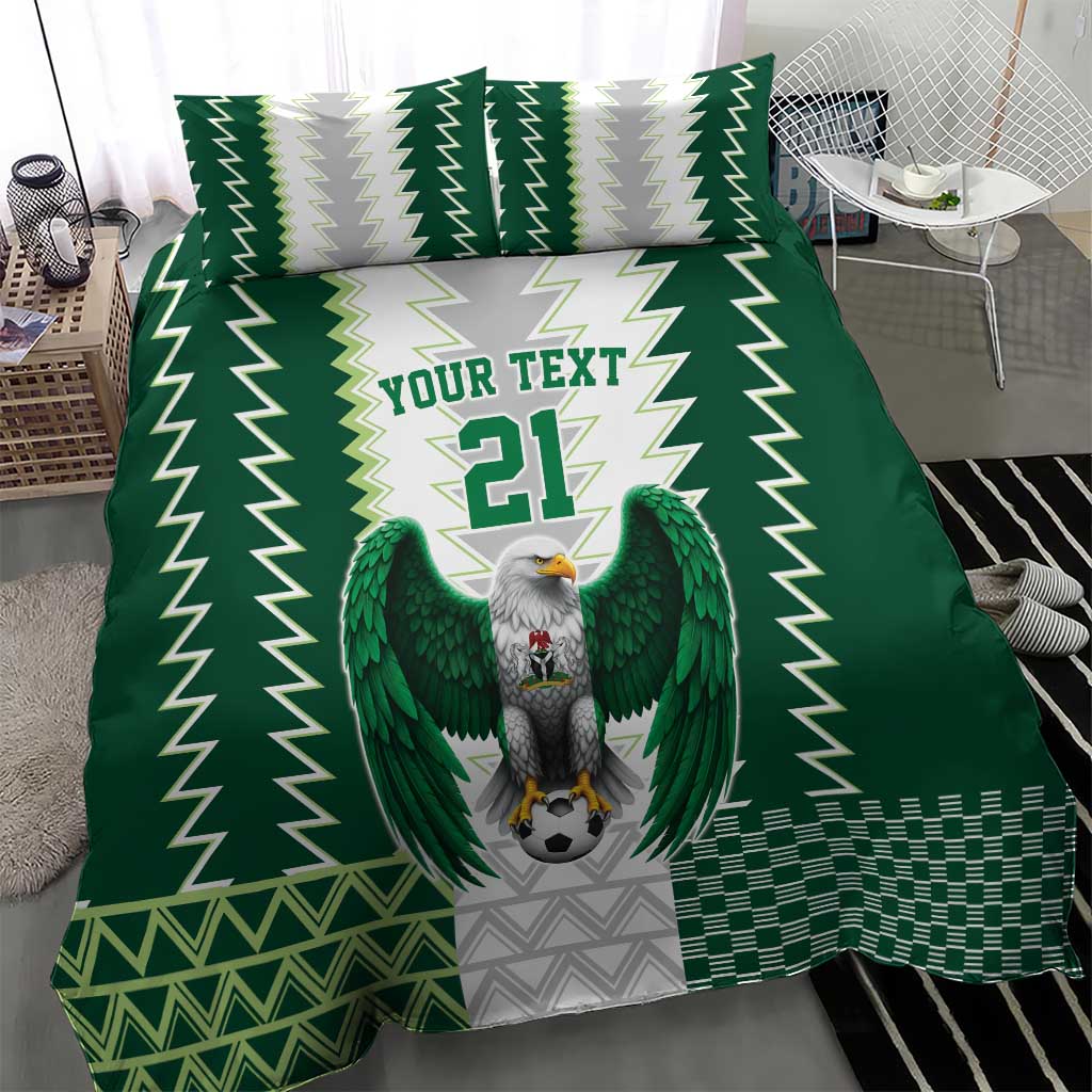 Green bedding set close view with eagle mascot, “YOUR TEXT” lettering, and number 21