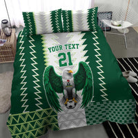 Green bedding set close view with eagle mascot, “YOUR TEXT” lettering, and number 21
