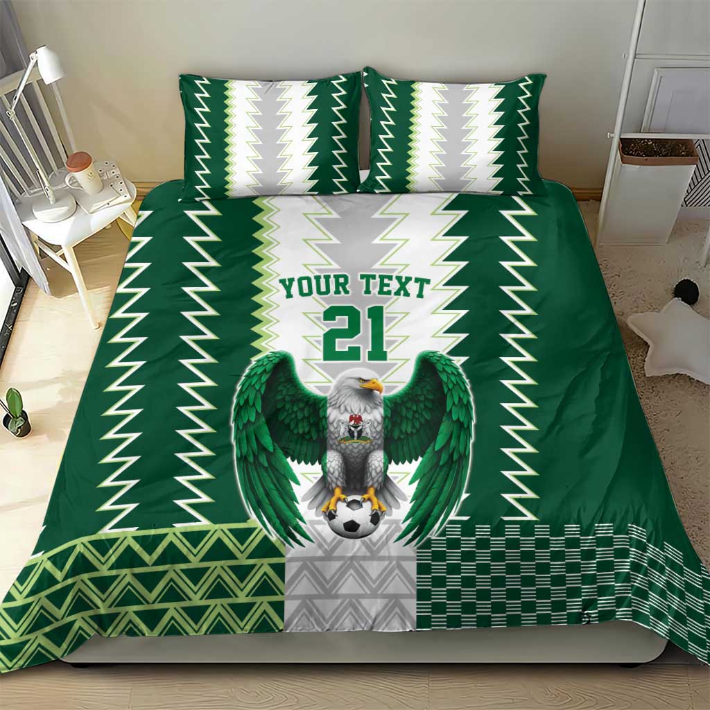 Green bedding set with eagle crest, zigzag borders, and “YOUR TEXT 21” center design