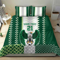 Green bedding set with eagle crest, zigzag borders, and “YOUR TEXT 21” center design