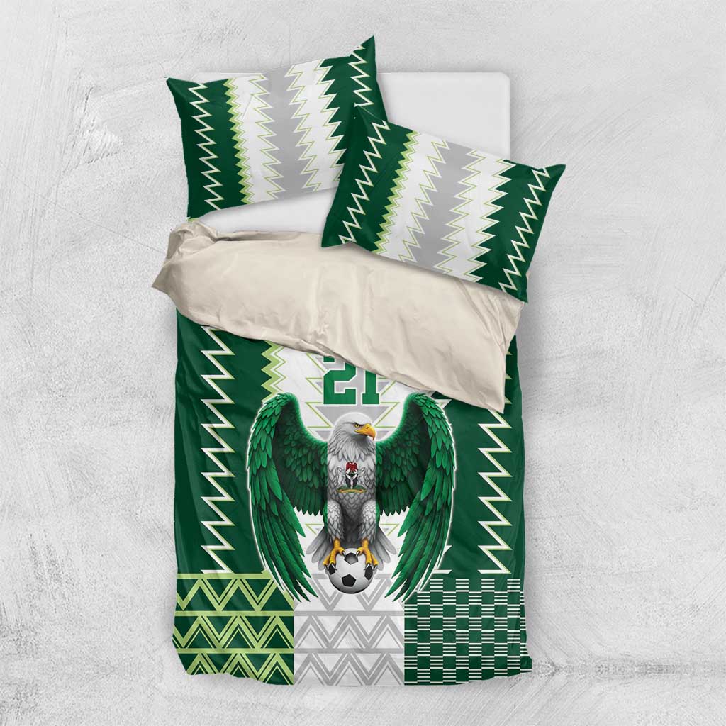 Green and white bedding set with eagle emblem, zigzag stripes, and “YOUR TEXT 21”