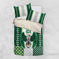 Green and white bedding set with eagle emblem, zigzag stripes, and “YOUR TEXT 21”
