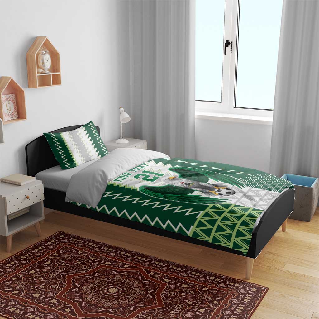 Green football-themed bedding set with eagle graphic, zigzag accents, and “YOUR TEXT 21”