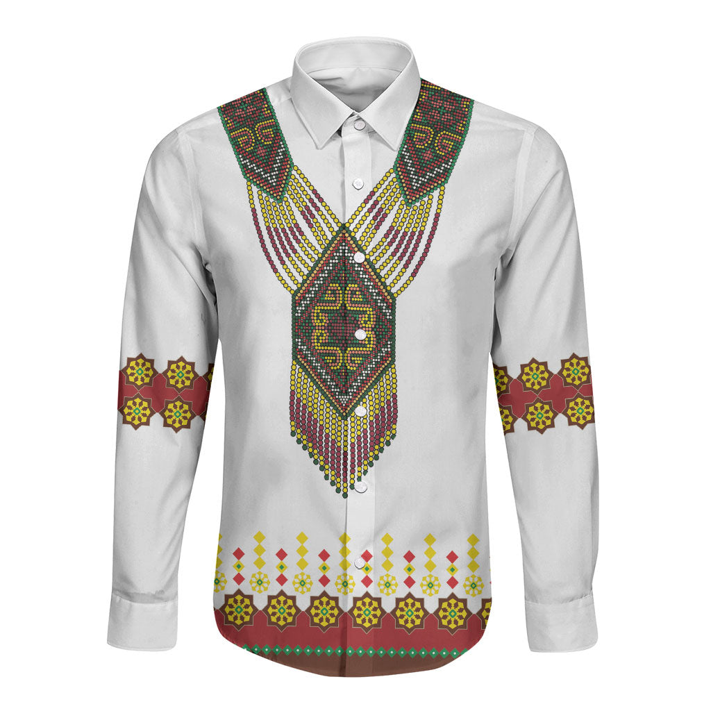 Ethiopian Enkutatash Personalized Long Sleeve Button Shirt Traditional Habesha Glass D'va Necklace Inspired