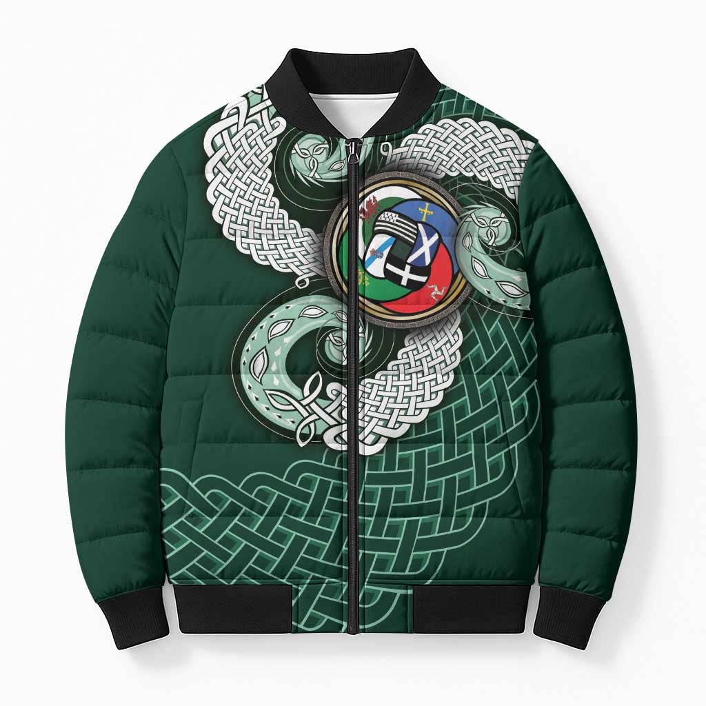 Six Celtic Countries Heritage Bomber Puffer Jacket Green Celtic Knot Triskelion - Wonder Print Shop