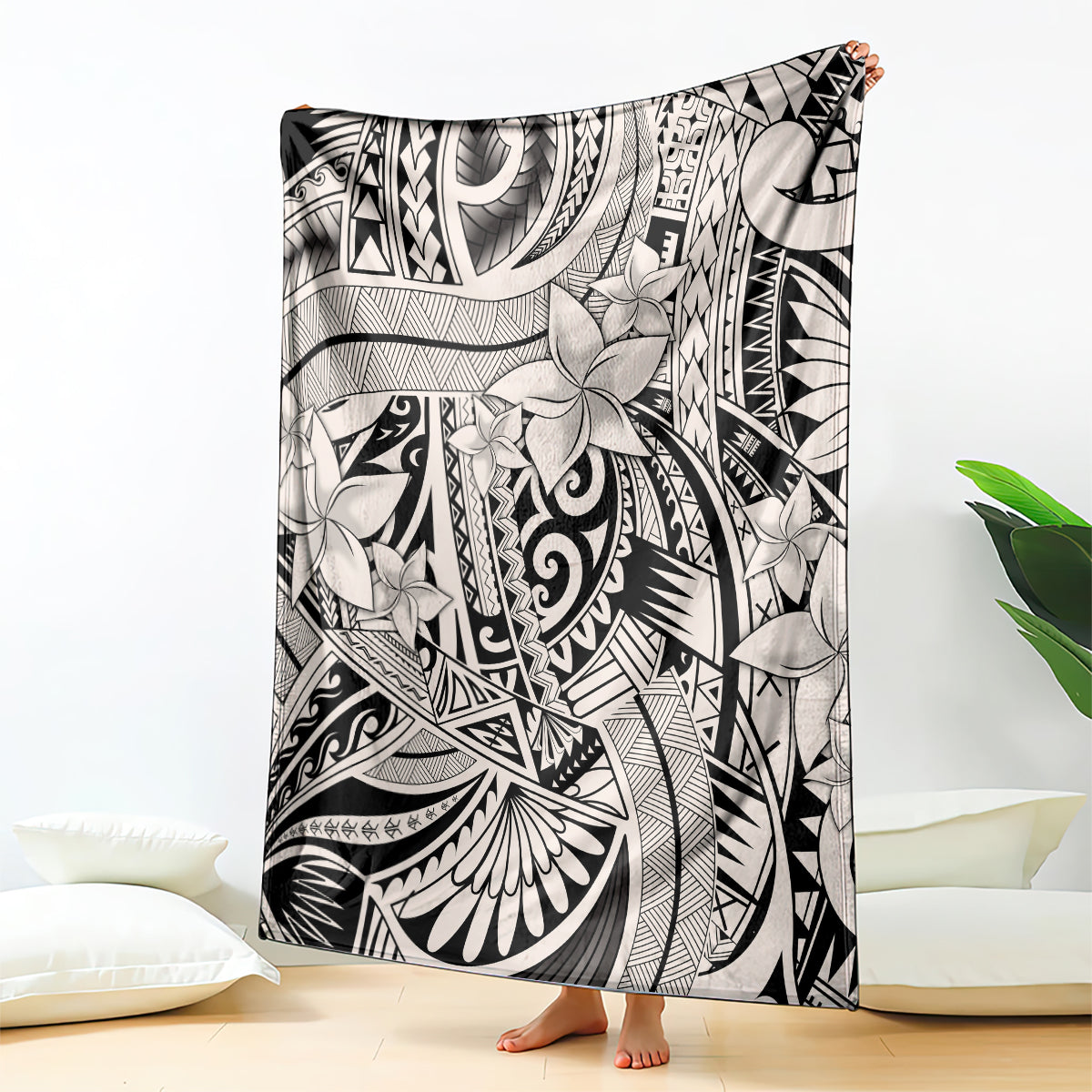 Tribal polynesian print throw blanket, black-and-white floral and geometric pattern