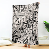 Tribal polynesian print throw blanket, black-and-white floral and geometric pattern