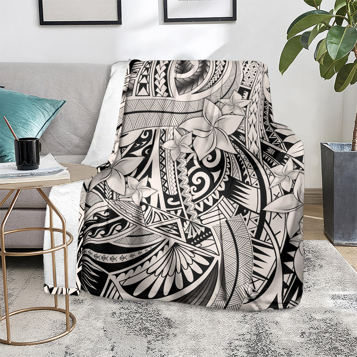 Tribal polynesian throw blanket on sofa, black-and-white tribal floral swirl pattern