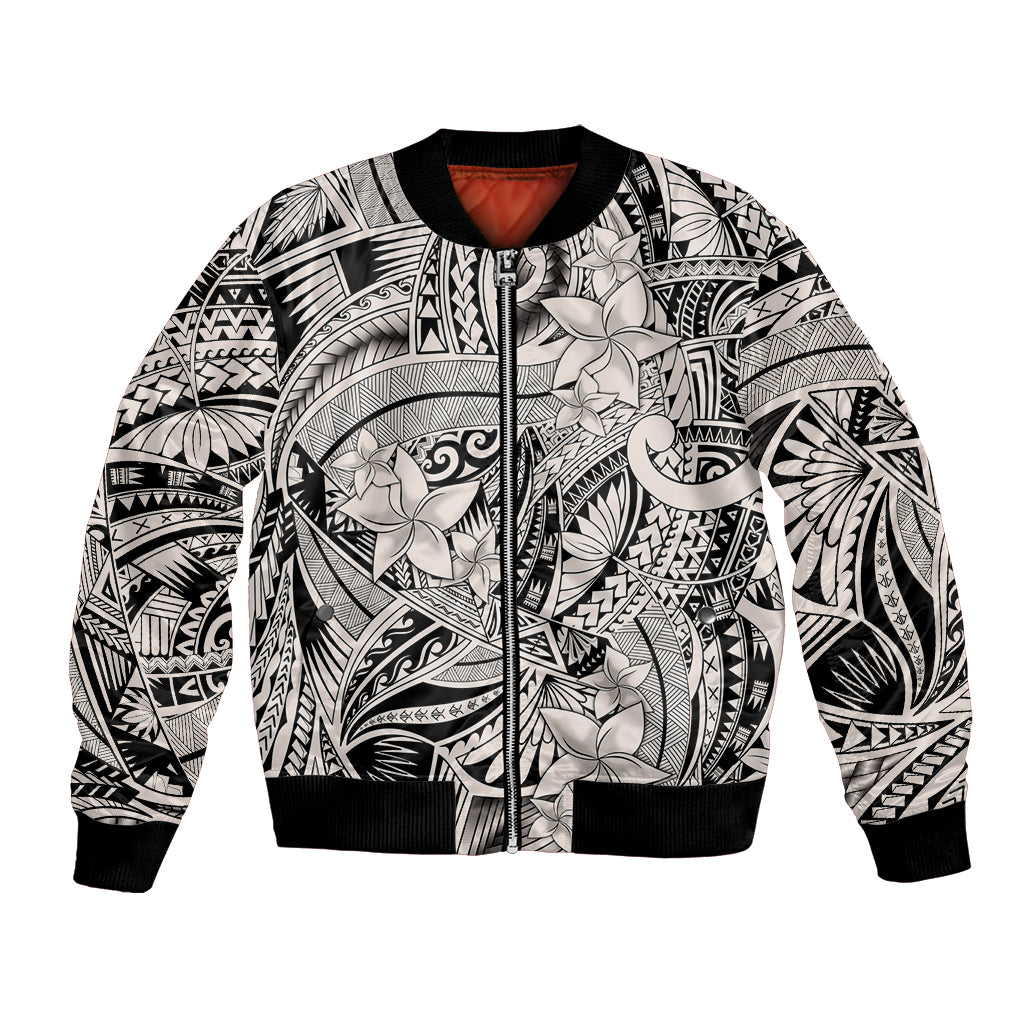 Tribal bomber jacket with black-and-white floral artwork, front zipper, ribbed cuffs