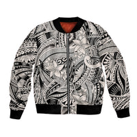 Tribal bomber jacket with black-and-white floral artwork, front zipper, ribbed cuffs
