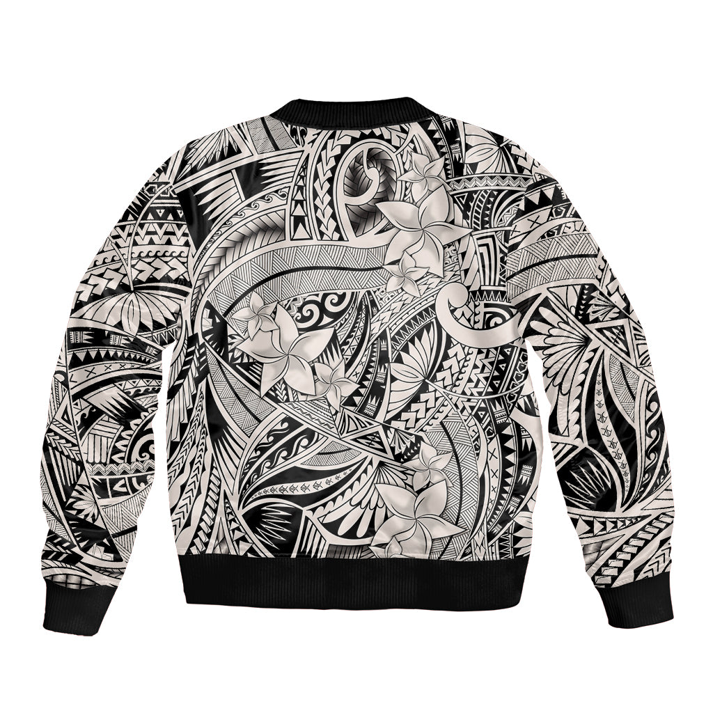 Tribal bomber jacket with black-and-white floral artwork, ribbed hem and cuffs