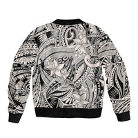 Tribal bomber jacket with black-and-white floral artwork, ribbed hem and cuffs