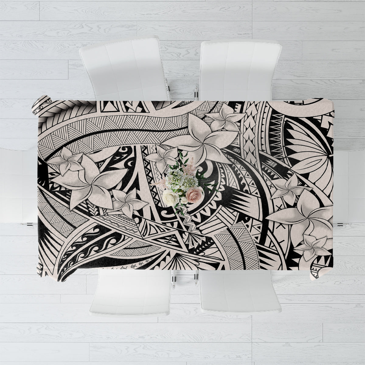 Black-and-white tribal patterned tablecloth with floral and geometric motifs