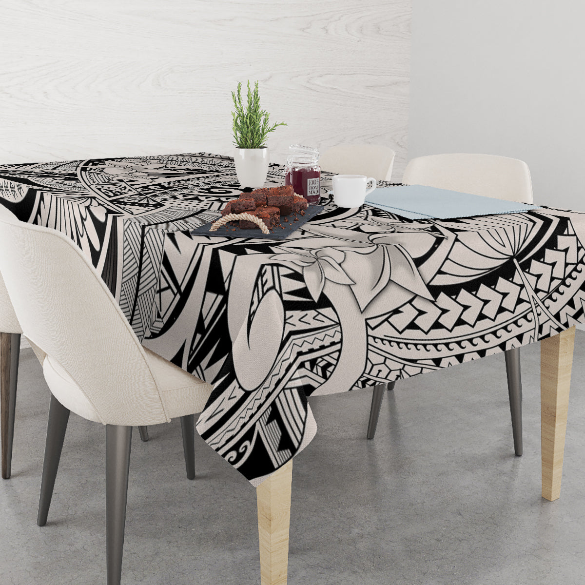 Black-and-white tribal tablecloth featuring floral and ornament-style designs
