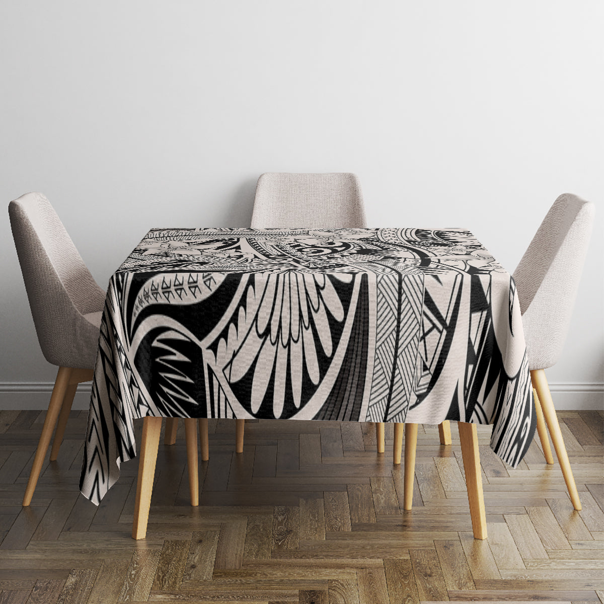 Square black-and-white tribal patterned tablecloth with leaf and zigzag details