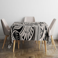 Square black-and-white tribal patterned tablecloth with leaf and zigzag details