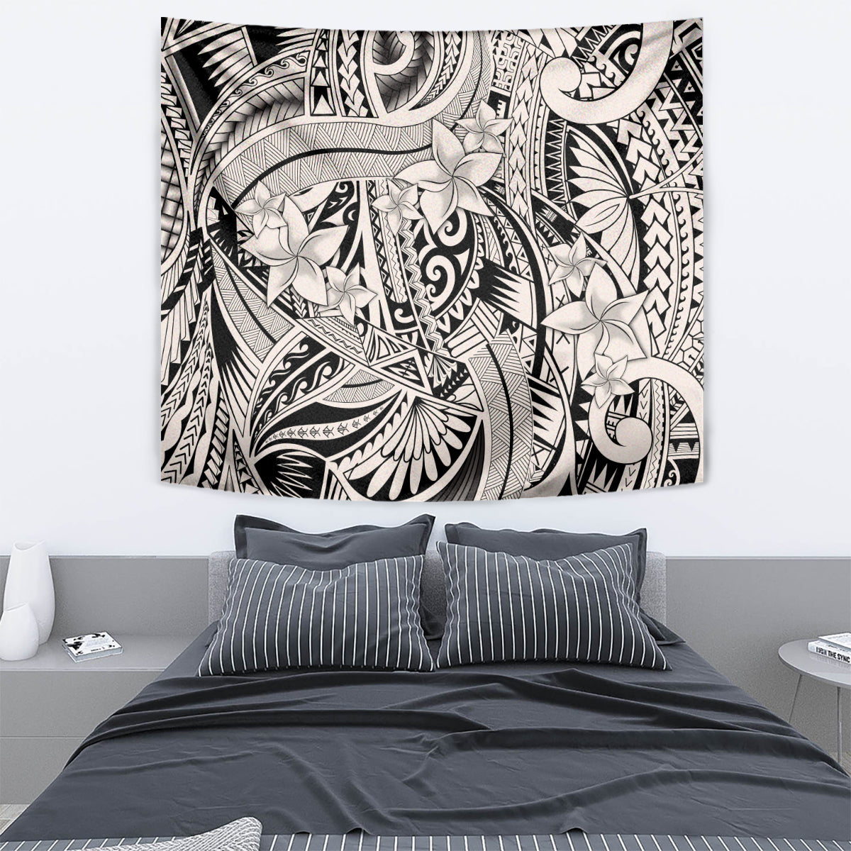 Tribal Polynesian tapestry wall hanging in beige and black with floral and curve patterns