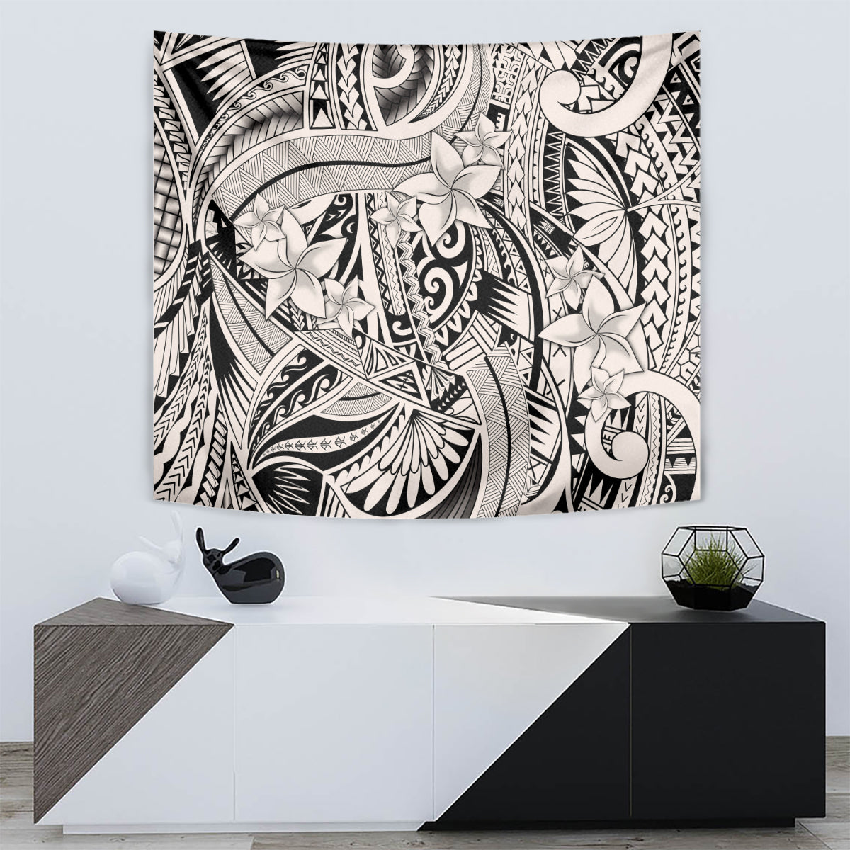 Black and beige tribal spirit tapestry with detailed floral and ornamental linework