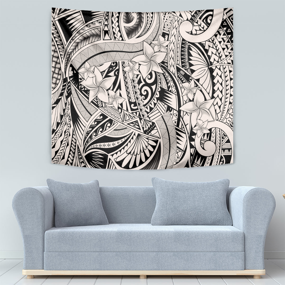 Polynesian-style tribal tapestry with beige floral motifs and black decorative swirls