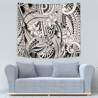 Polynesian-style tribal tapestry with beige floral motifs and black decorative swirls