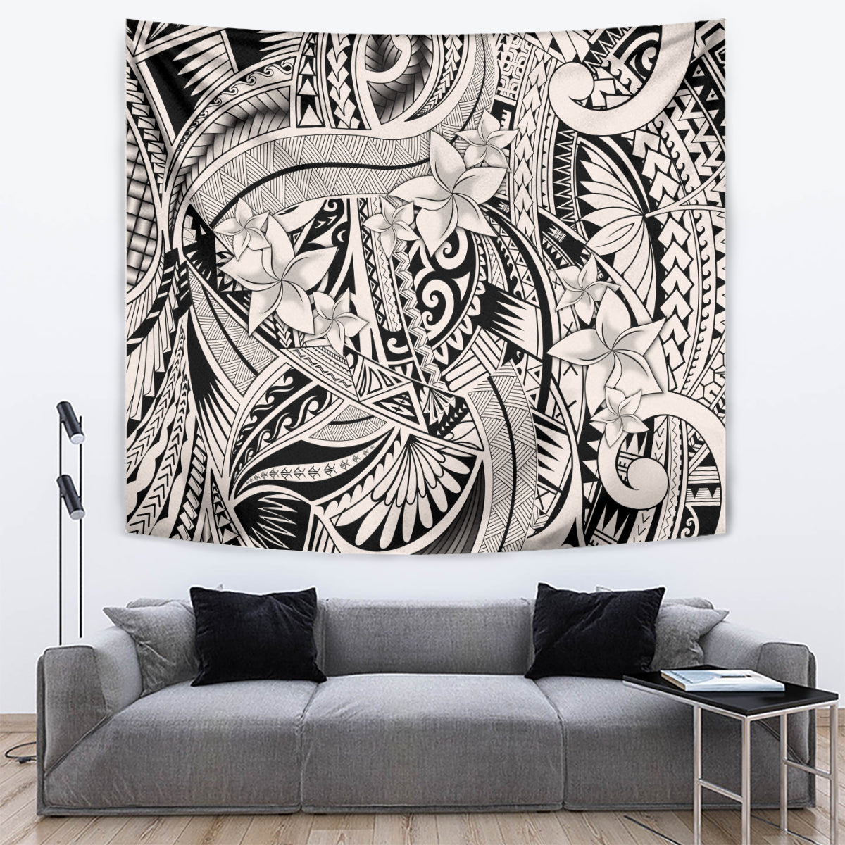 Beige and black tribal tapestry featuring ornate Polynesian spirit and flower design