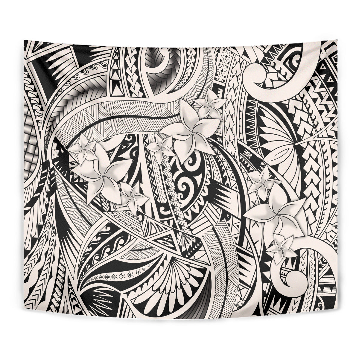 Close-up tribal Polynesian spirit tapestry in beige and black with floral ornament patterns