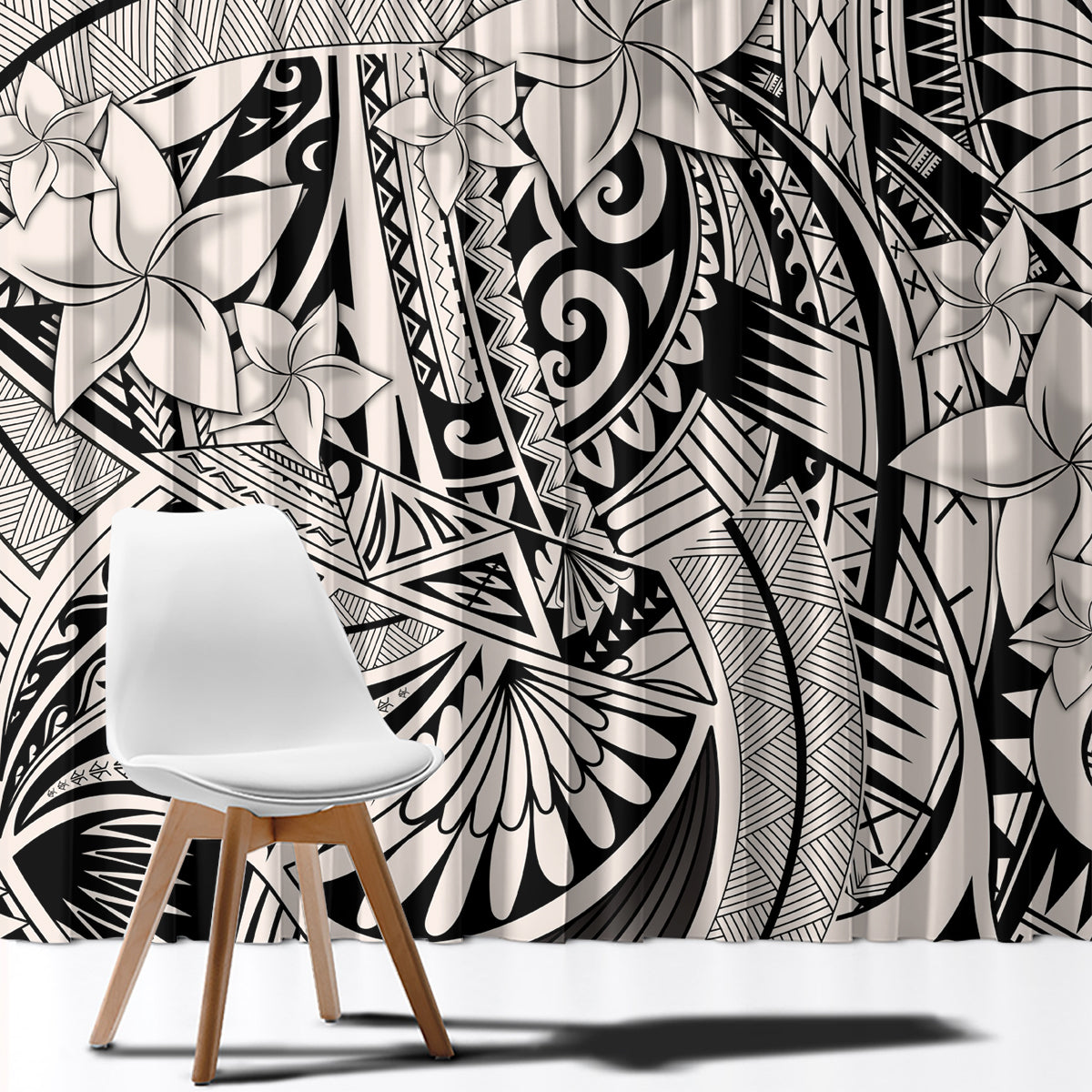 Tribal curtain fabric close-up in black and white with floral, waves, and diamond motifs